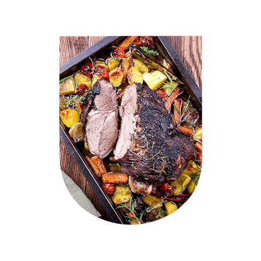 Leg of lamb, seasonal vegetables and red wine